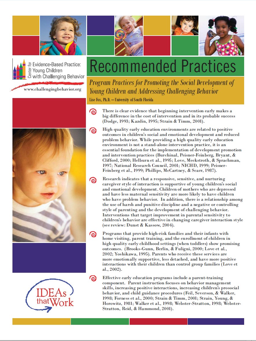Recommended Practices: Program Practices for Promoting the Social Development of Young Children and Addressing Challenging Behavior