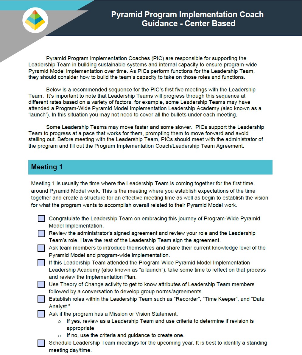 Pyramid Program Implementation Coach Guidance – Center Based – Fillable