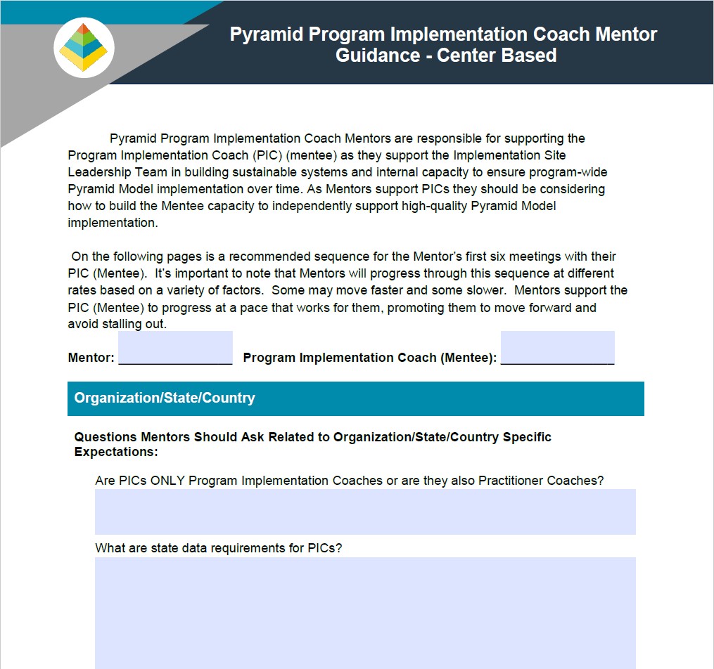 Pyramid Program Implementation Coach Mentor Guidance – Center Based – Fillable Version