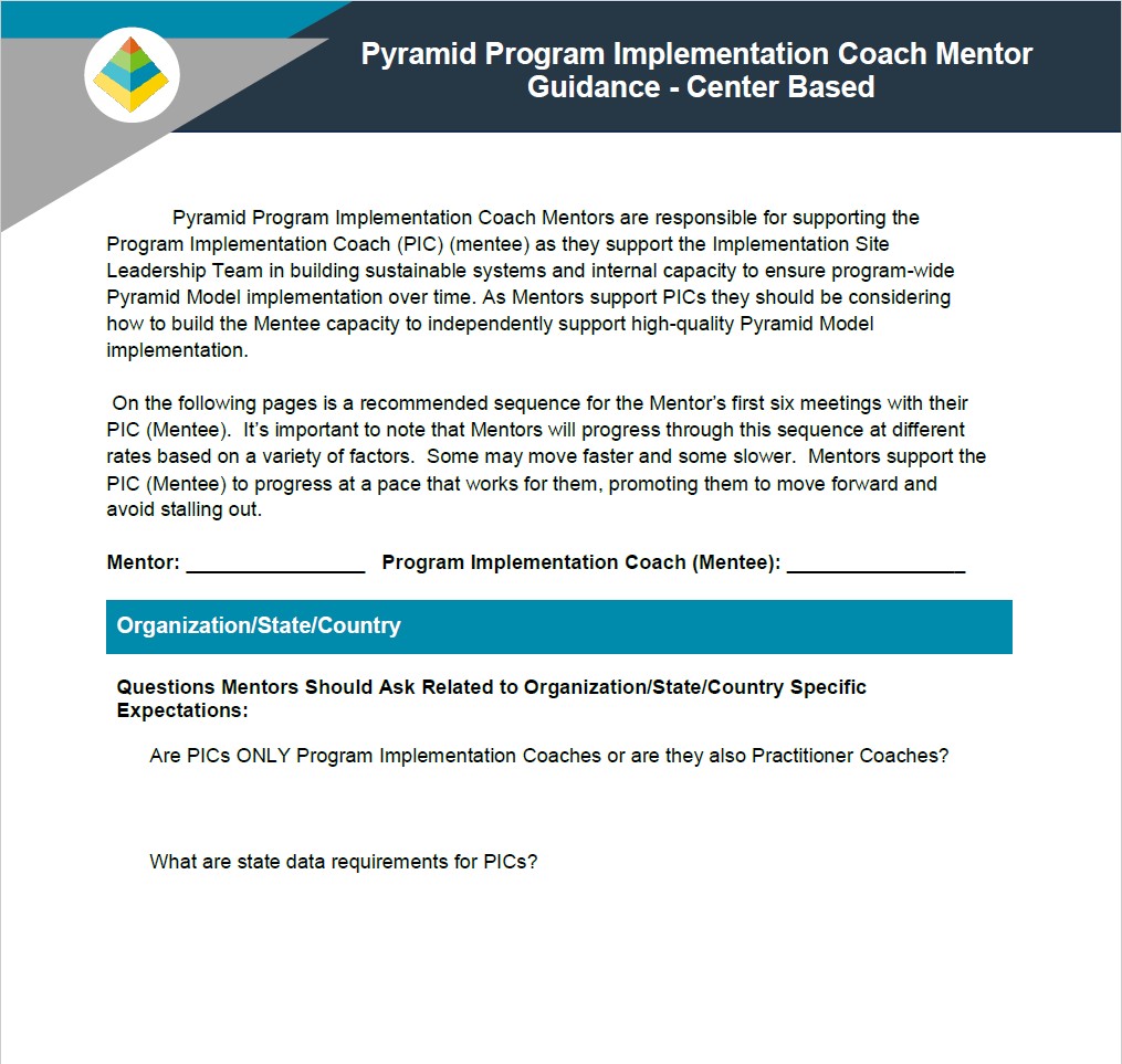 Pyramid Program Implementation Coach Mentor Guidance – Center Based